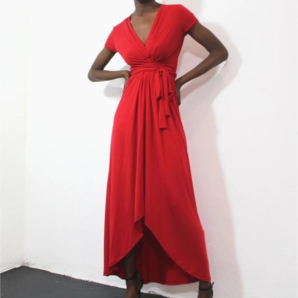 Michael Kors Dresses & Skirts - Michael Kors  Short Sleeve Maxi Dress Red V Neck Wrap Tie Waist Size 8